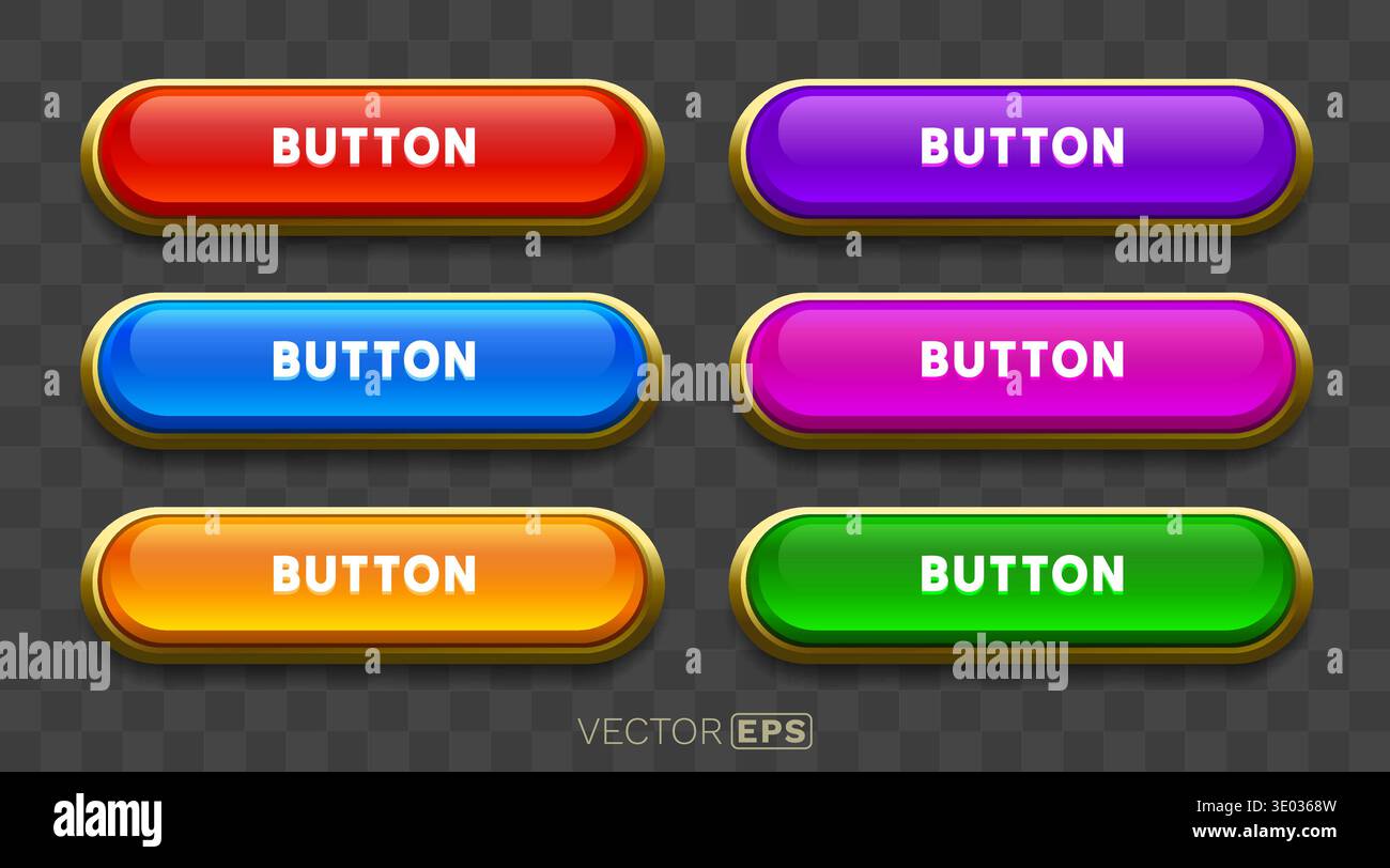 Vibrant glossy web buttons with golden border. Modern UI elements for design. Vector illustration. Stock Vector
