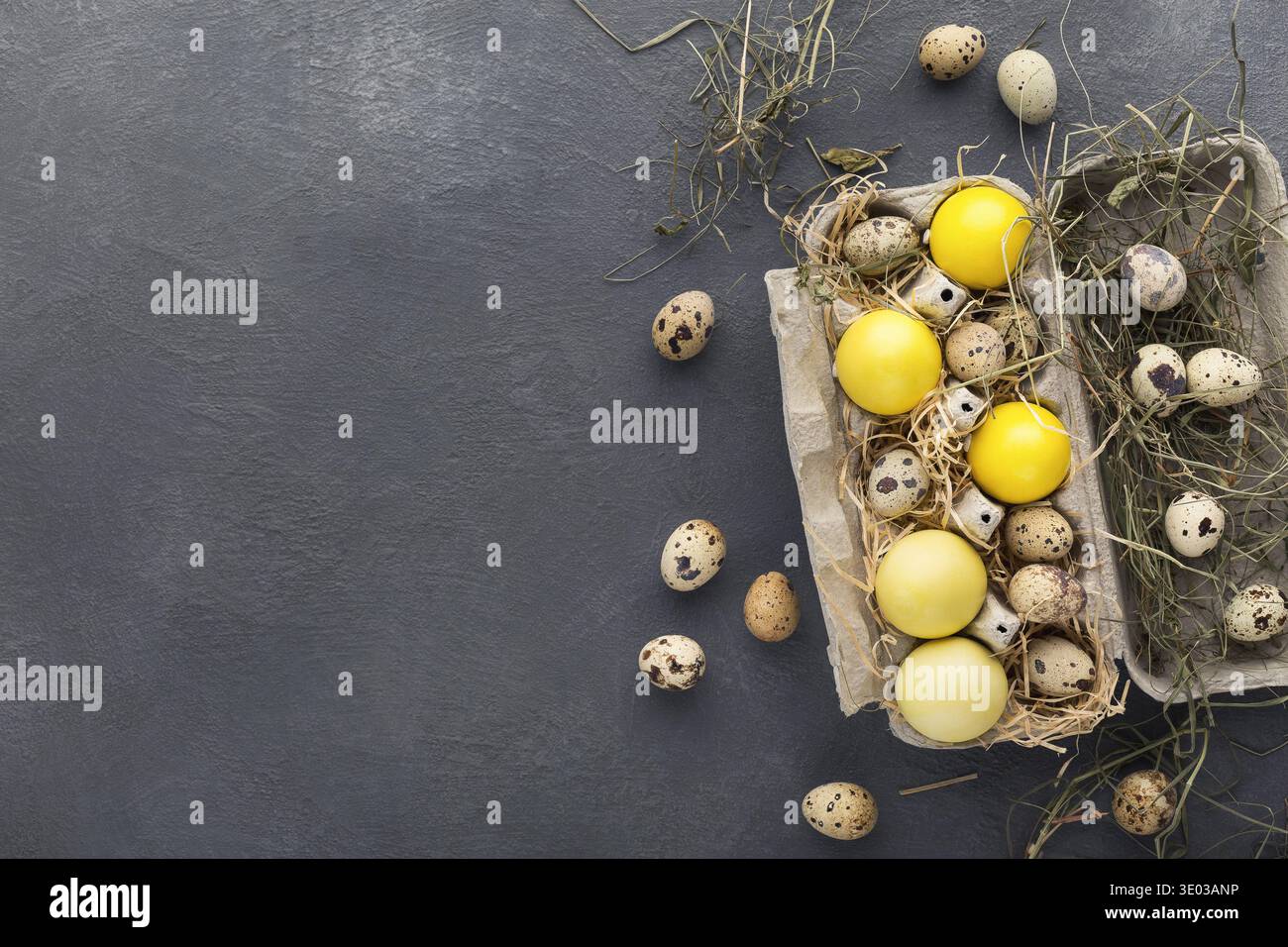 Easter holiday greeting card background with yellow eggs Stock Photo
