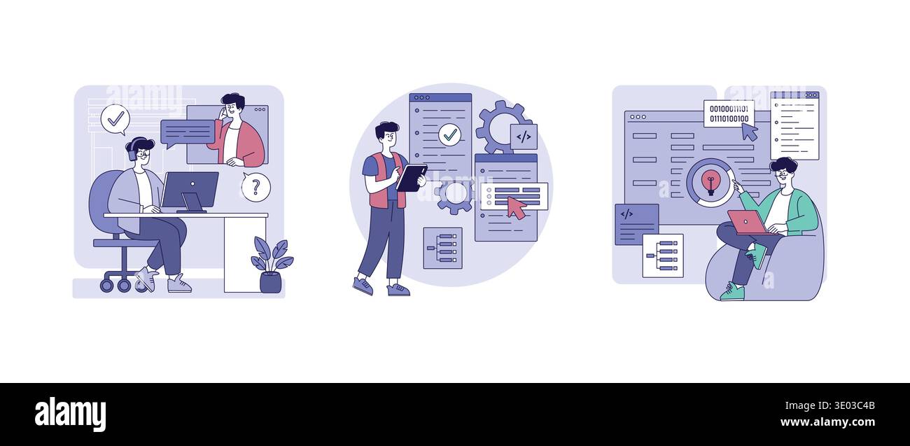 Vector illustration depicting collaborative teamwork in a coding environment. Team members interact with technology, using computers and tablets for software development and project management. Stock Vector