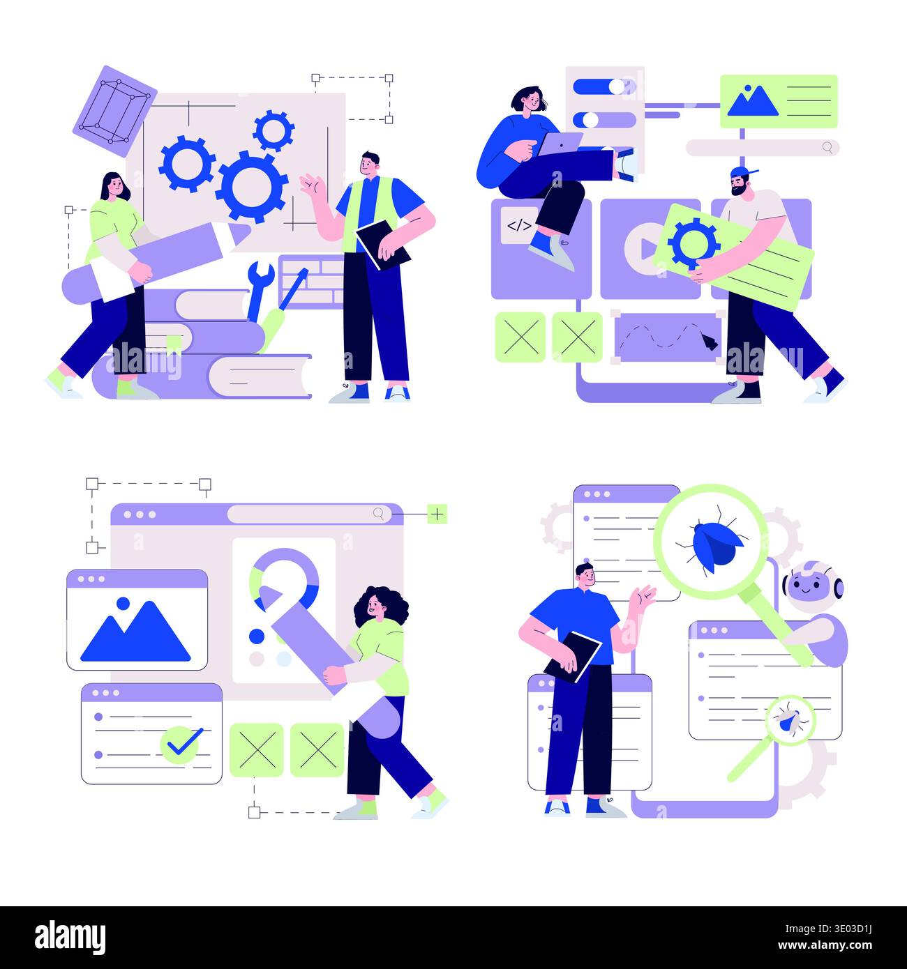Vector illustration showcasing teamwork in software development. Characters collaborate on digital projects, addressing UI UX design, coding, and bug fixing. Abstract technical elements highlight collaborative efforts. Stock Vector