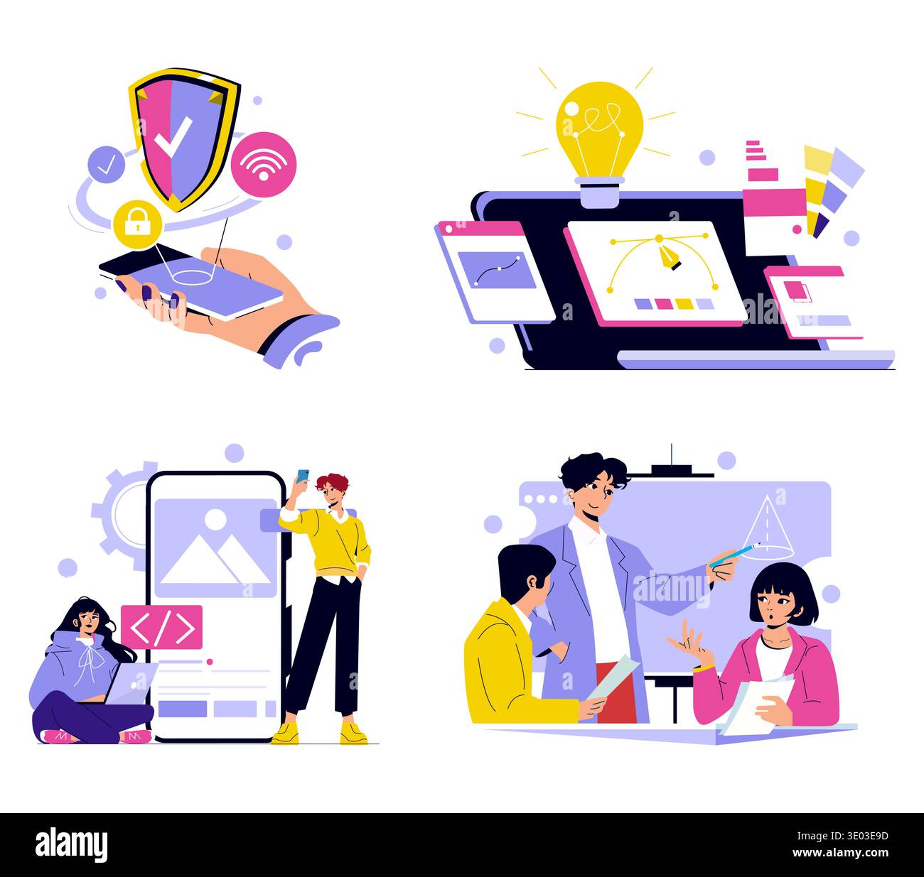 Vector illustration showcasing tech themes: phone security, digital design with creative tools, coding on a mobile device, and collaborative teamwork in a tech environment. Stock Vector