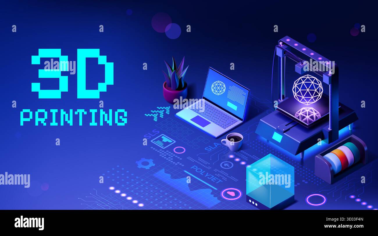3D print. Isometric printer software. Business additive technology workshop or laptop computer on table. Model construction. Glowing digital equipment. Prototyping material maker. Vector background Stock Vector