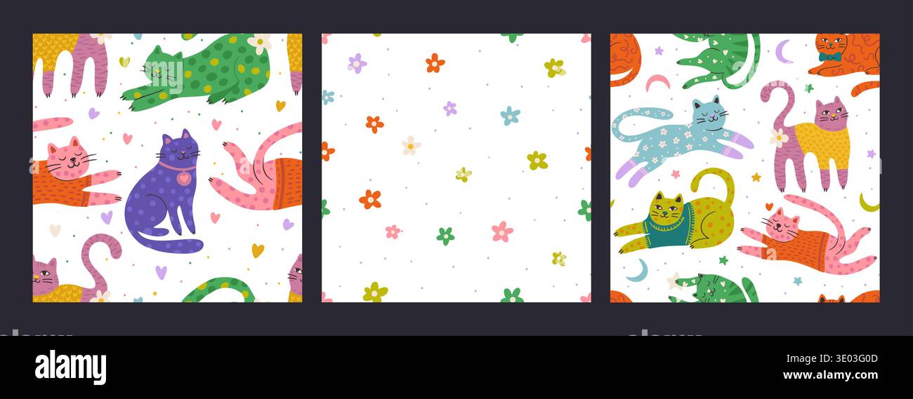 Whimsical Cute Cat Seamless Pattern Set With Floral Elements Cartoon Vector Background Collection Stock Vector