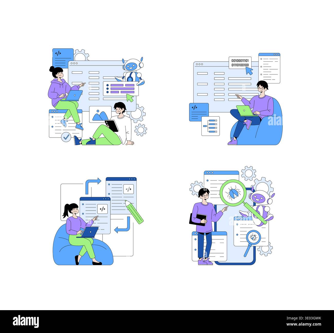 Vector illustration depicting various collaborative scenes in coding and software development. People interact with digital interfaces, robots, and code, symbolizing teamwork and innovation. Stock Vector