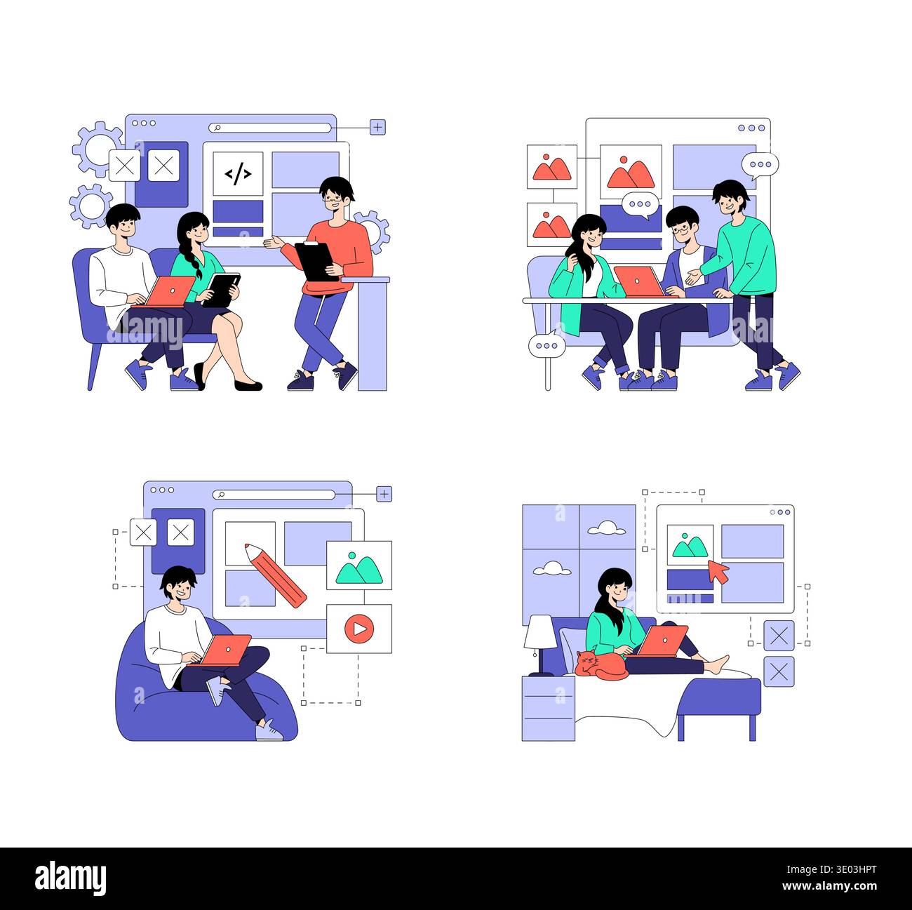 A vector illustration depicting team collaboration and remote work settings. Scenes include group discussions, programming on laptops, and creative brainstorming sessions, highlighting various work environments. Stock Vector