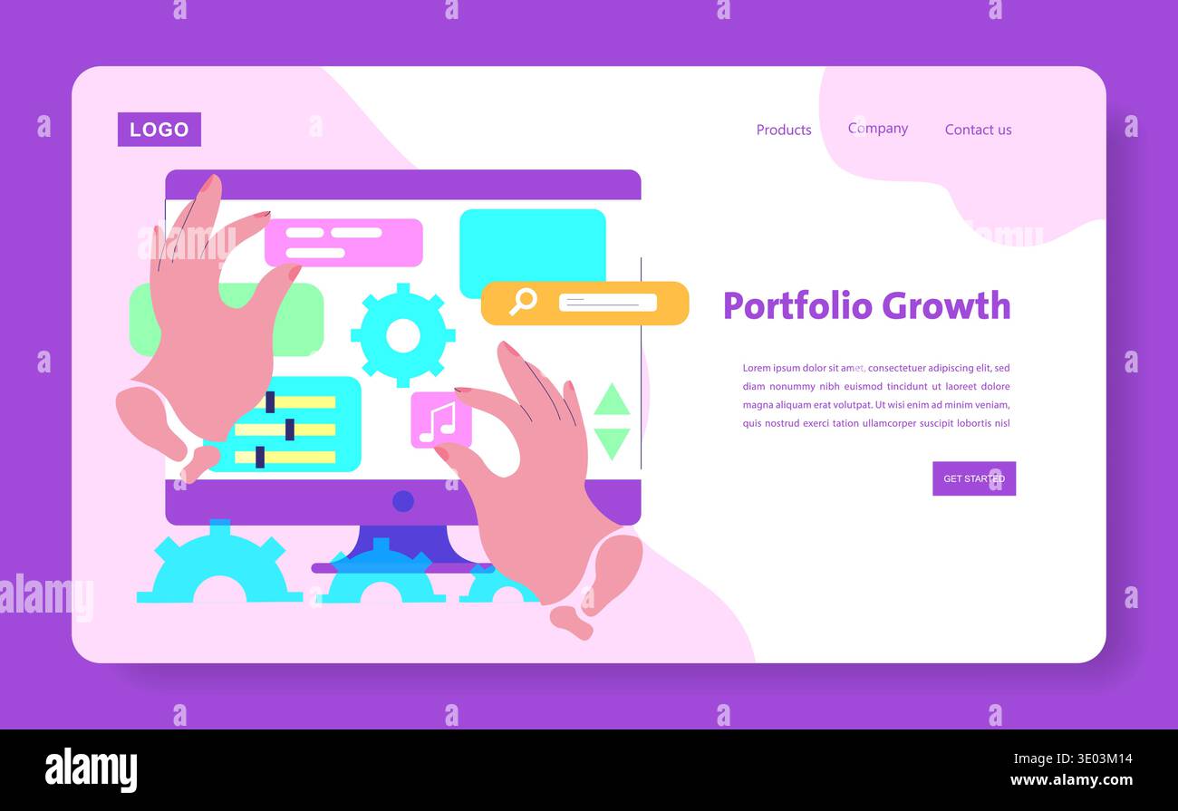 Vector illustration of interactive portfolio design with hands engaging digital elements on a monitor. Highlights growth in digital portfolio design, featuring elements of web development. Stock Vector