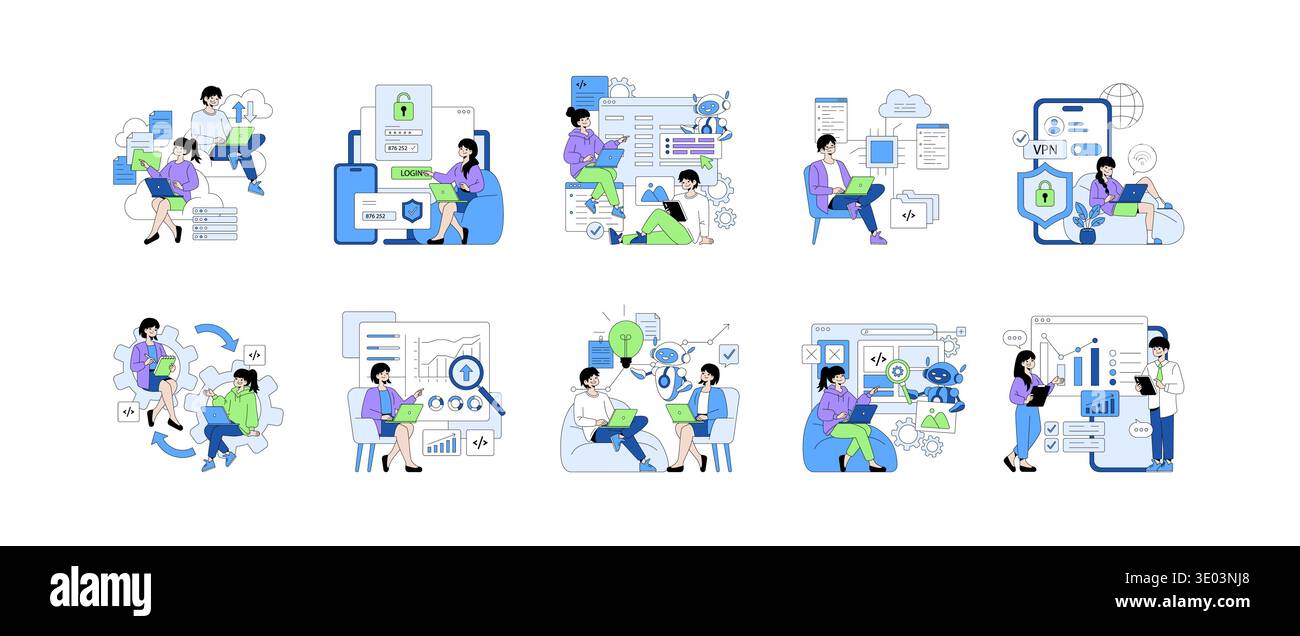 Vector illustration set showing diverse tech team collaborating on digital projects. Features include data analysis, programming, cybersecurity, and interactive design with visible teamwork. Stock Vector