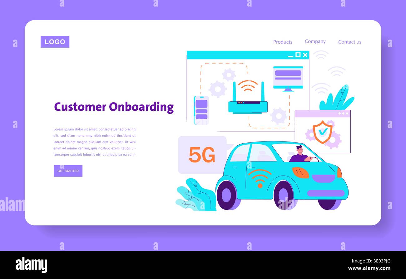 Vector illustration showing a customer onboarding process with 5G technology. A person drives a car connected to a network, highlighting smart connectivity and security features. Stock Vector