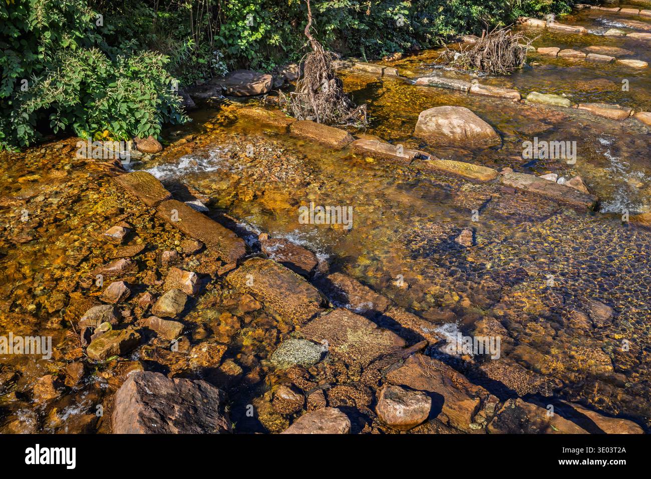 Artificial cascades built on river to protect the riverbed and nearby infrastructure Stock Photo
