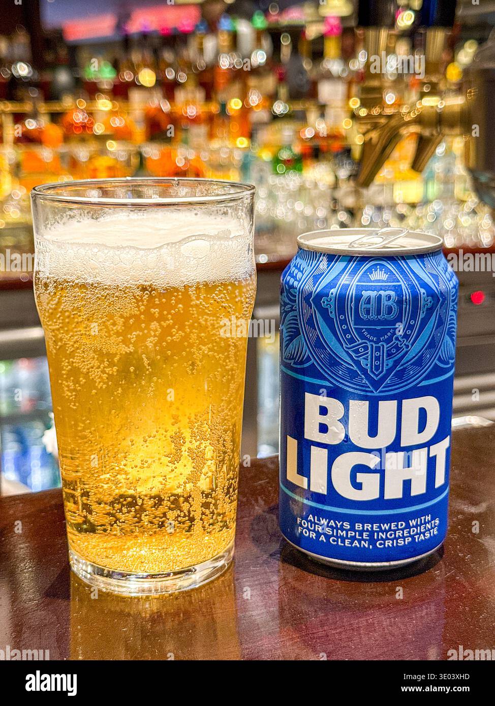 Puerto Plata, Dominican Republic - 15 January 2026: Glass of Bud Light beer and a can on the top of a bar on a cruise ship - Smartphone Captured Stock Image