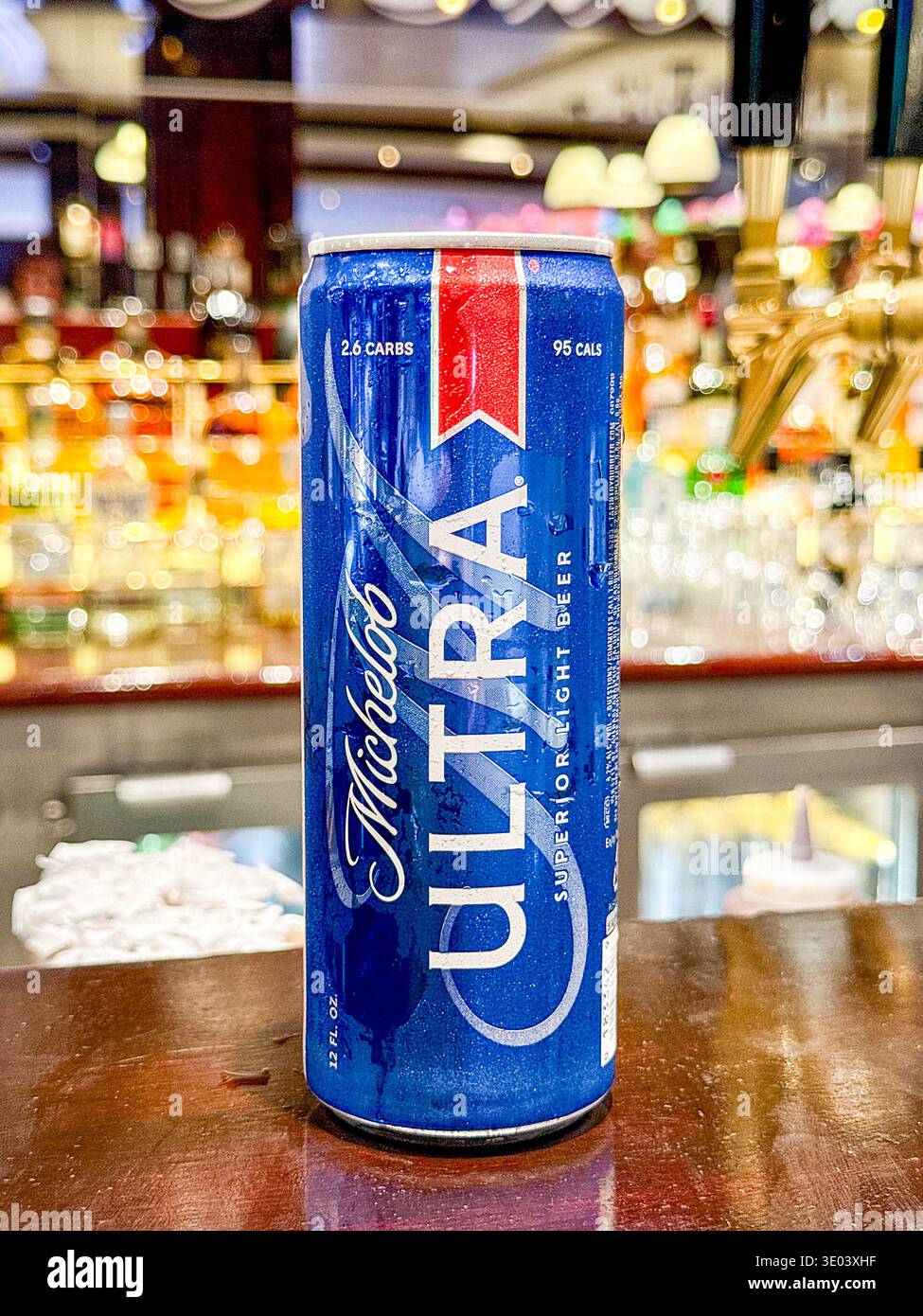 Puerto Plata, Dominican Republic - 15 January 2026: Can of Michelob Ultra light beer on the top of a bar on a cruise ship - Smartphone Captured Stock Image