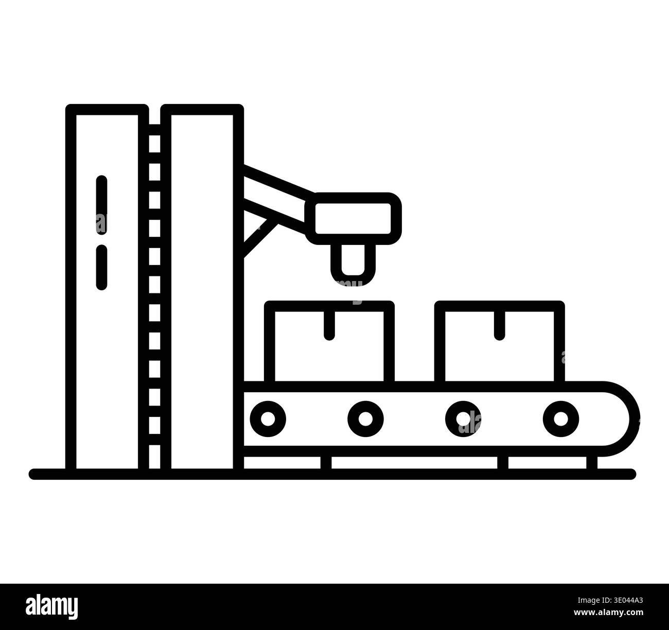 This image showcases an industrial conveyor belt system equipped with a robotic arm designed for efficient package handling and logistics operations. Stock Vector