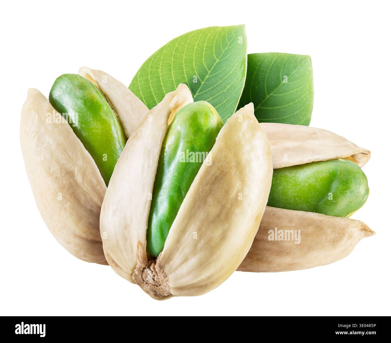 Green pistachio nuts with pistachio shell isolated on a white background. Clipping path Stock Photo