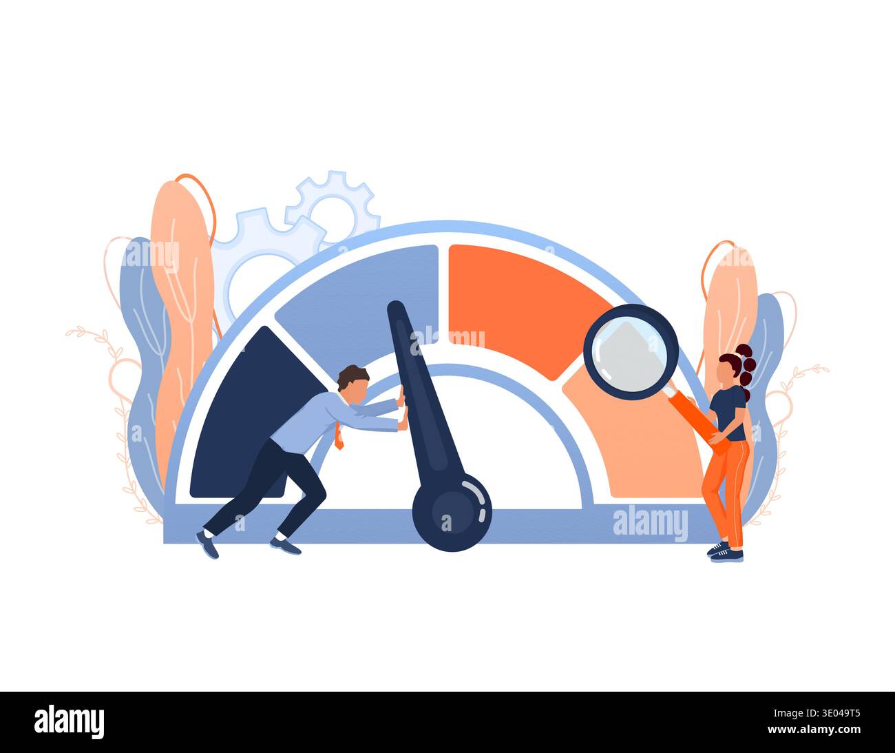 Business team pushing a speedometer needle to increase performance and efficiency, analyzing data for growth and optimization Stock Vector