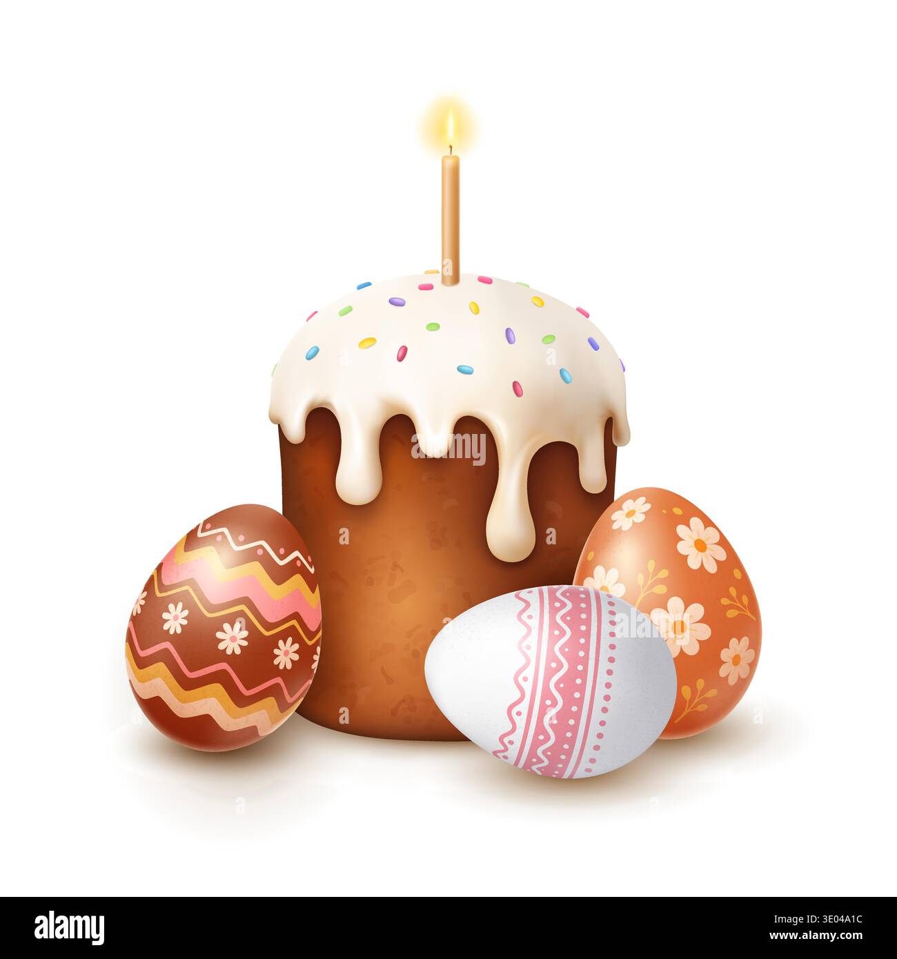 Easter cake with candle and decorated eggs Stock Vector