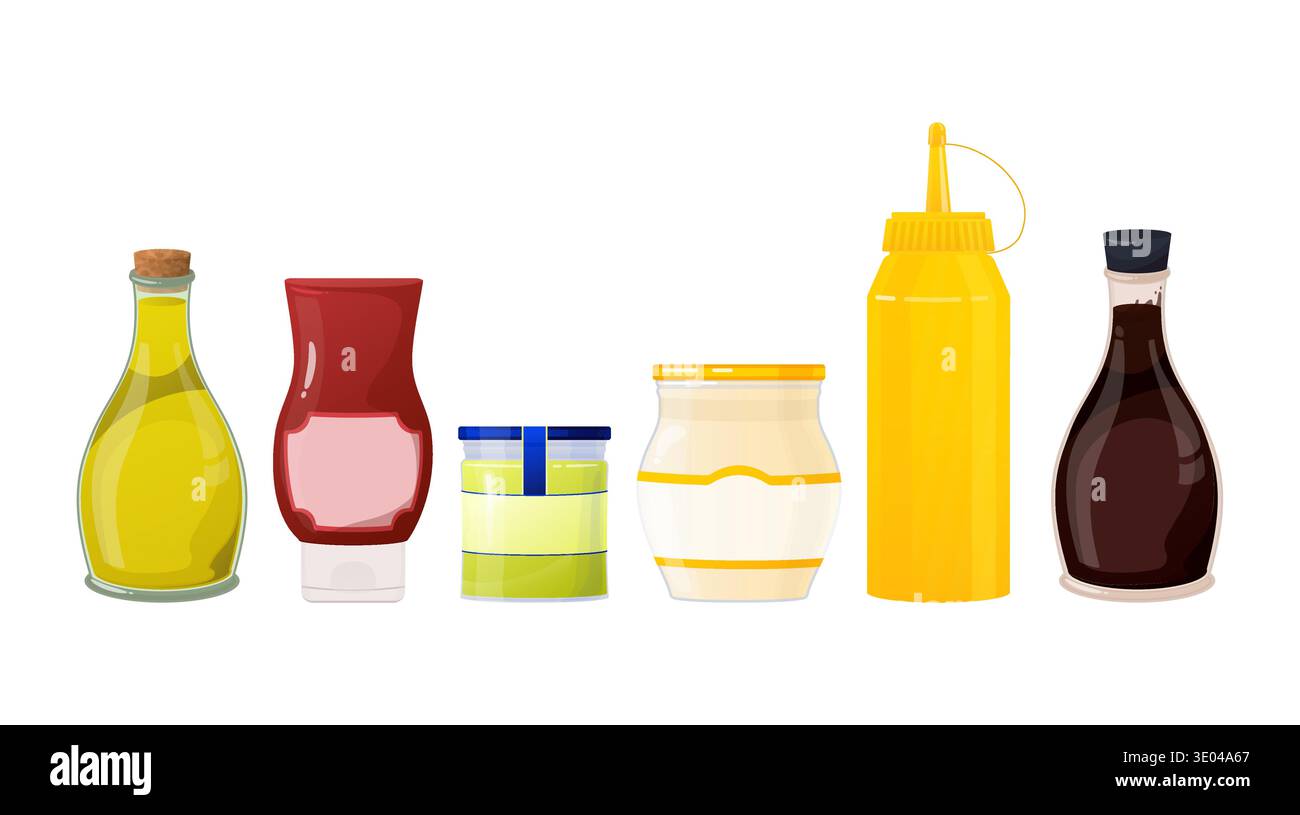 Collection of essential kitchen condiments, such as olive oil, ketchup, mustard, and mayonnaise, stored in bottles and jars Stock Vector