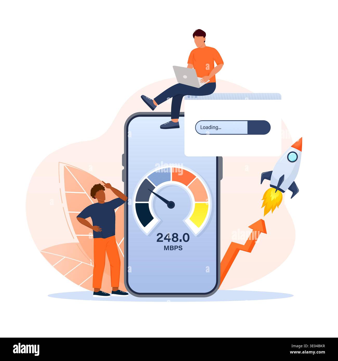People optimizing internet performance, checking broadband speed on a smartphone app. Fast loading, high-speed data transfer Stock Vector