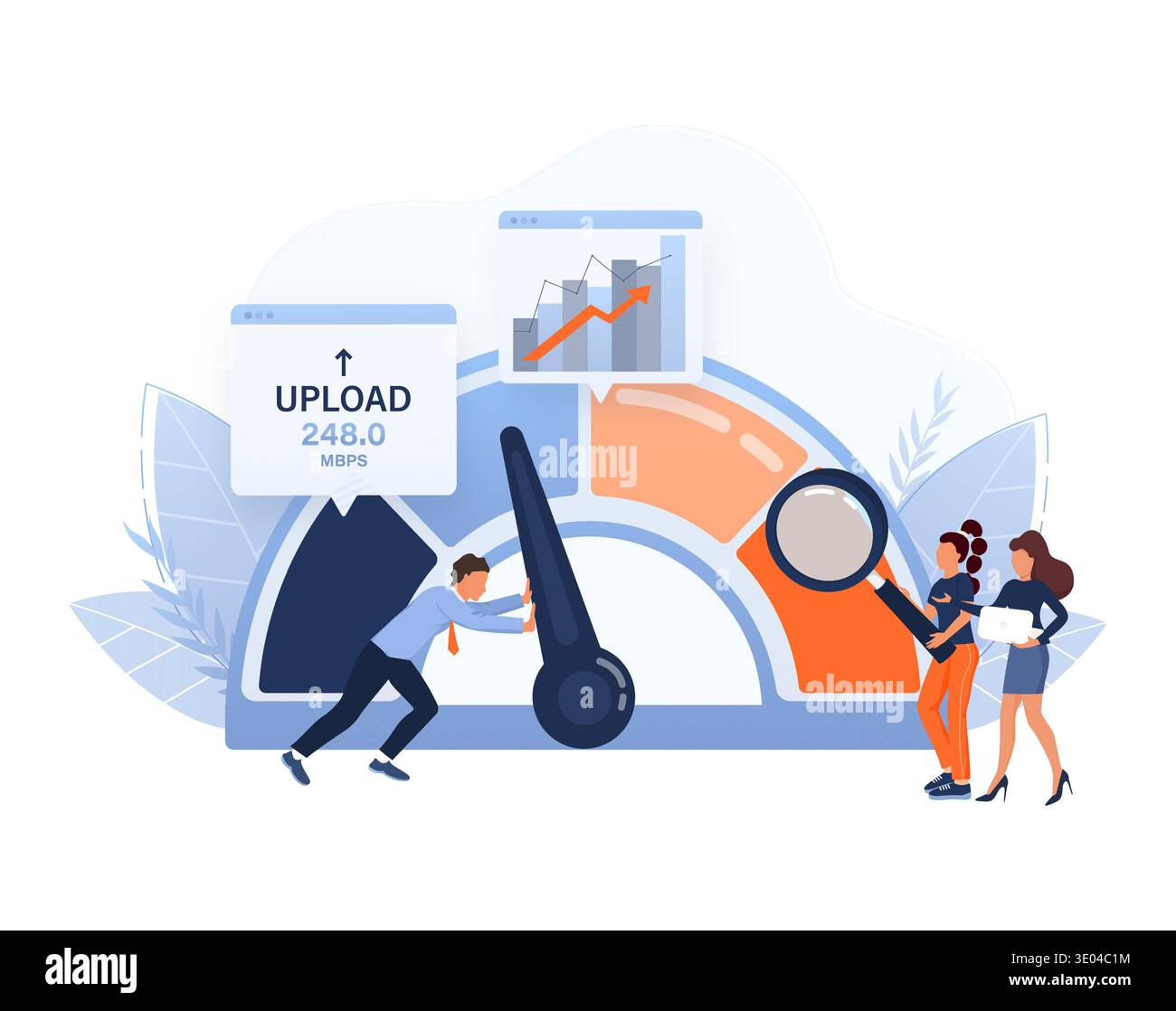 Business team working to optimize internet upload speed and data performance, analyzing metrics and pushing bandwidth limits Stock Vector