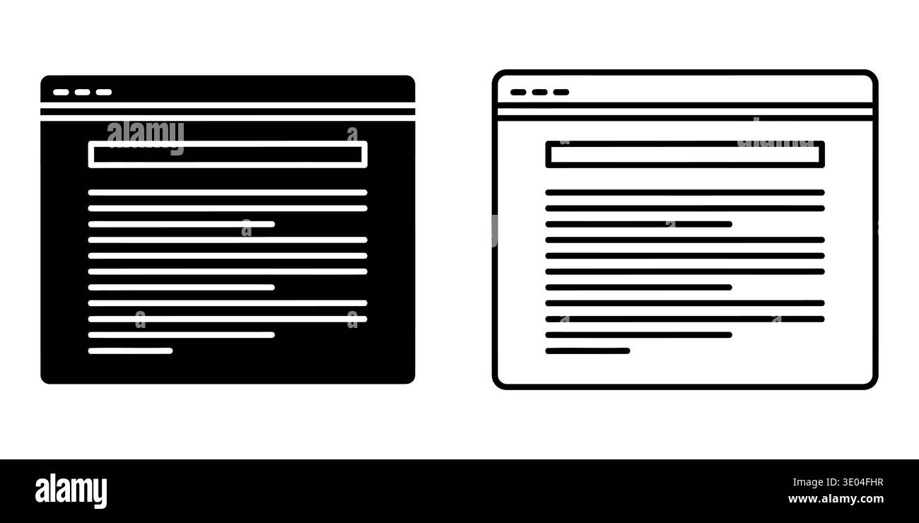 This image features two simple wireframe designs for webpages, one in black and the other in white, both showcasing basic layout elements. Stock Vector