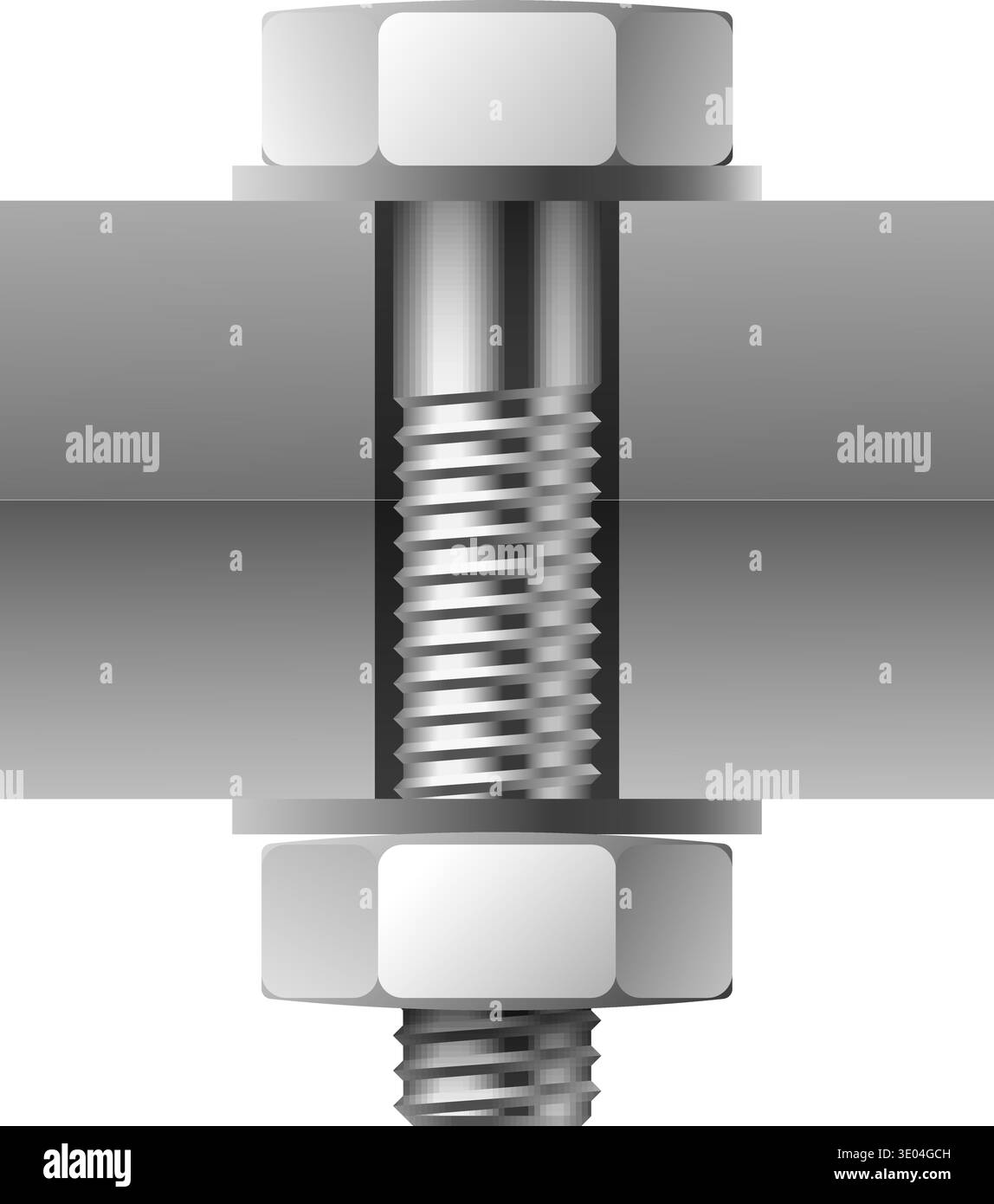 Realistic bolt connection of two metal plates. Using nut and washers ...