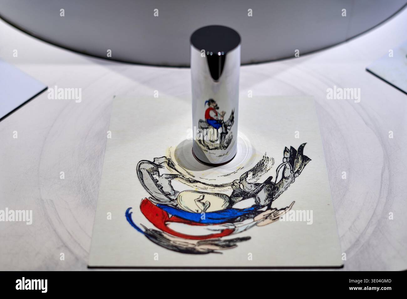 A close-up view of an anamorphic art installation featuring a ...