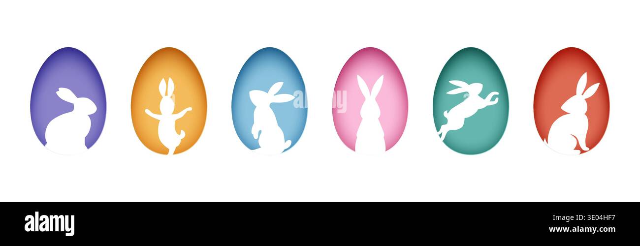 Six colored Easter eggs with white rabbit silhouettes on white background Stock Vector