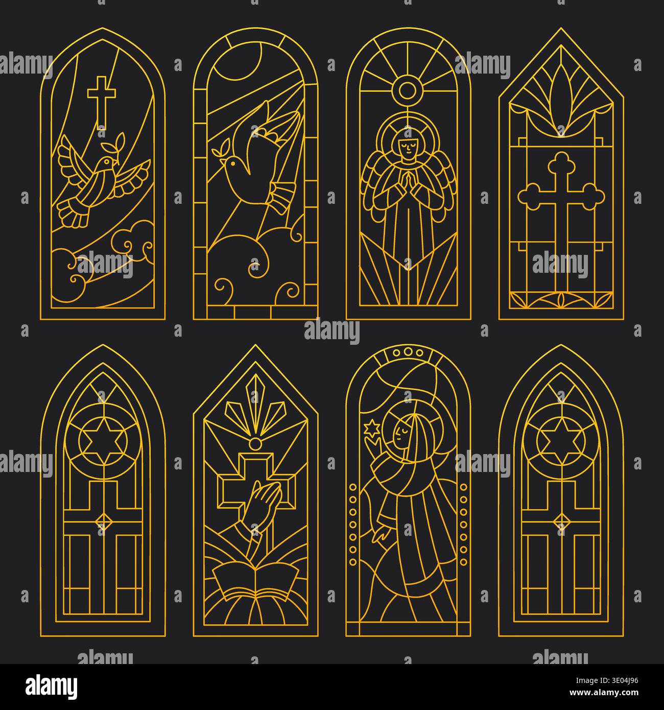 Regilious Patterns Golden contour patterns of stained glass windows. Christian chapel ...