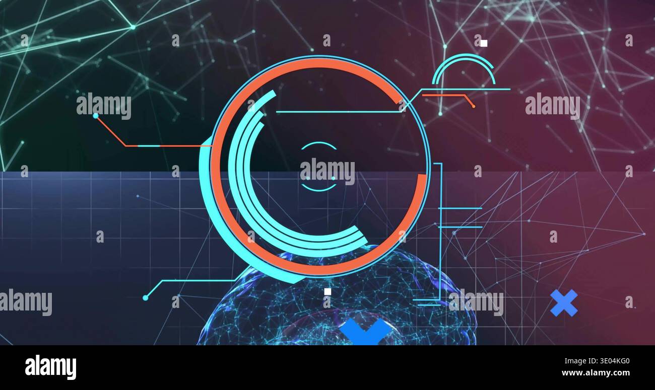 Rotating concentric circular HUD element hovering at data interface, showing grid plane and globe Stock Photo