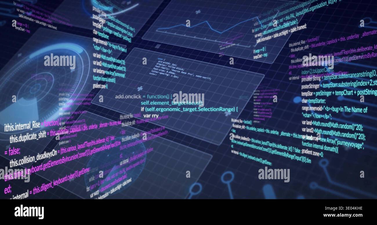 Floating translucent UI panels displaying colored code on dark grid, with line chart and radar Stock Photo