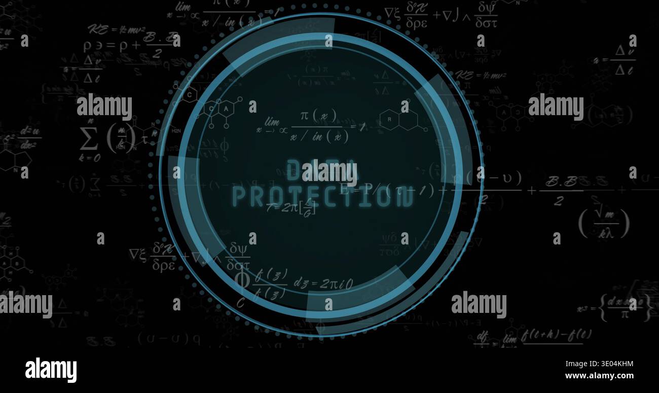 Displaying centered circular HUD rotating on digital dashboard, with glowing DATA PROTECTION label Stock Photo