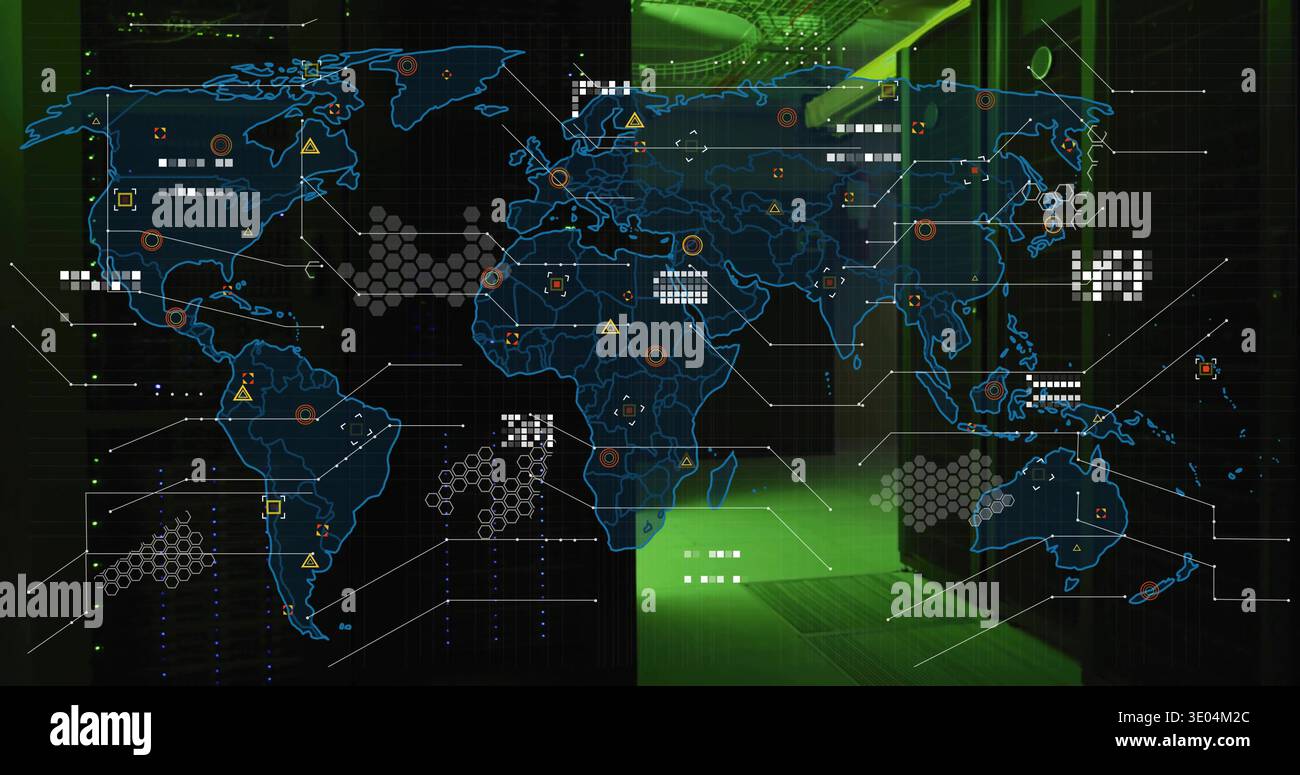 Displaying neon-blue world map hologram projecting network flows in data center, with server racks Stock Photo