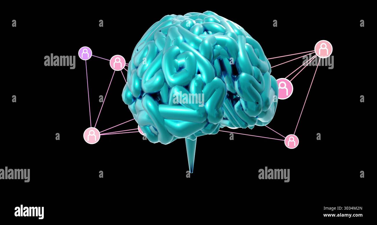 Floating glossy teal 3D brain model hovering in studio-style black void, with pink network nodes Stock Photo