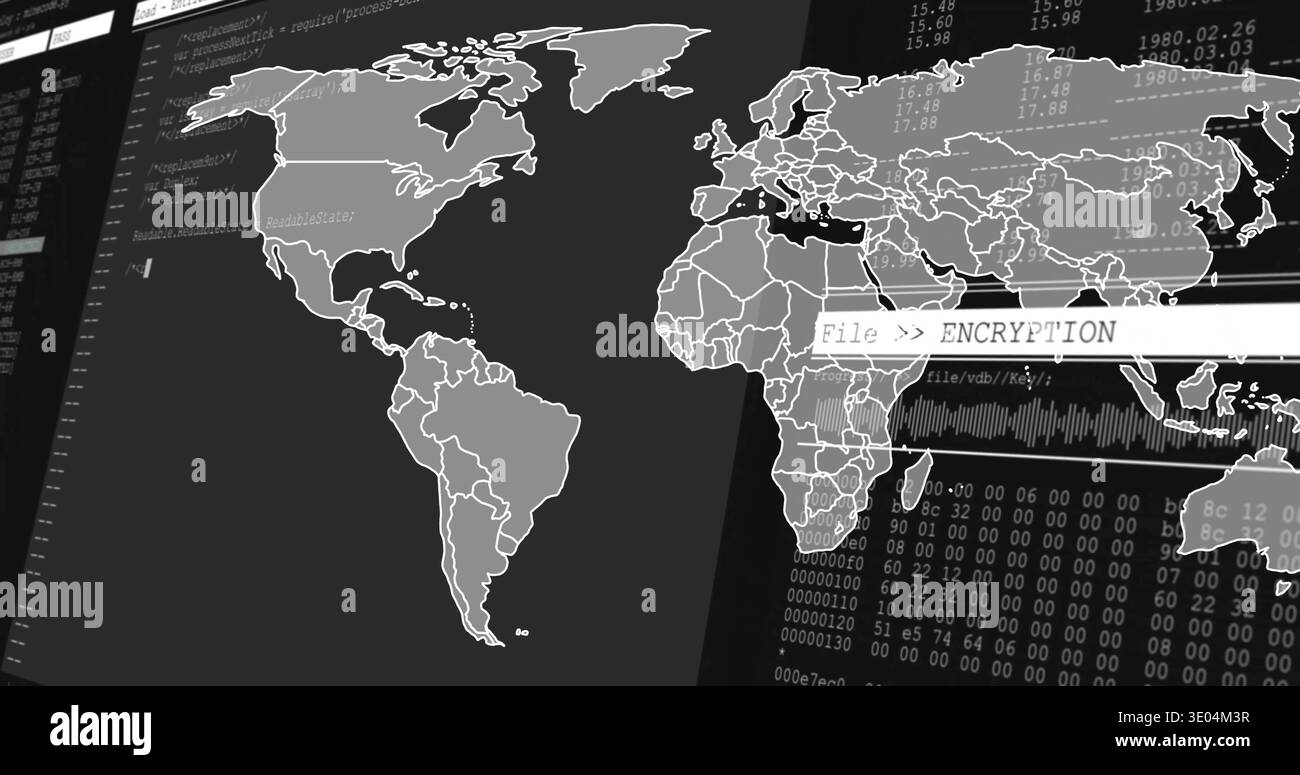 Displaying stylized world map on operations dashboard, showing File  ENCRYPTION bar, code panels Stock Photo
