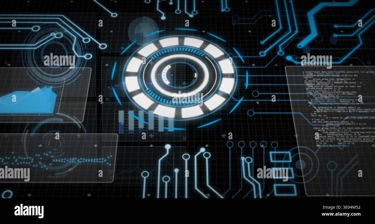 Displaying central circular HUD with concentric rings and radial ticks on dark grid, code panel Stock Photo