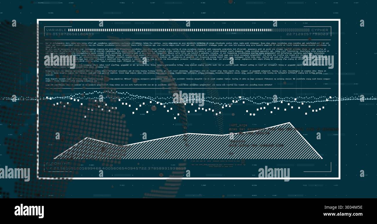 Displaying white-framed data panel on dark teal HUD, showing hatched area, dotted line, code text Stock Photo