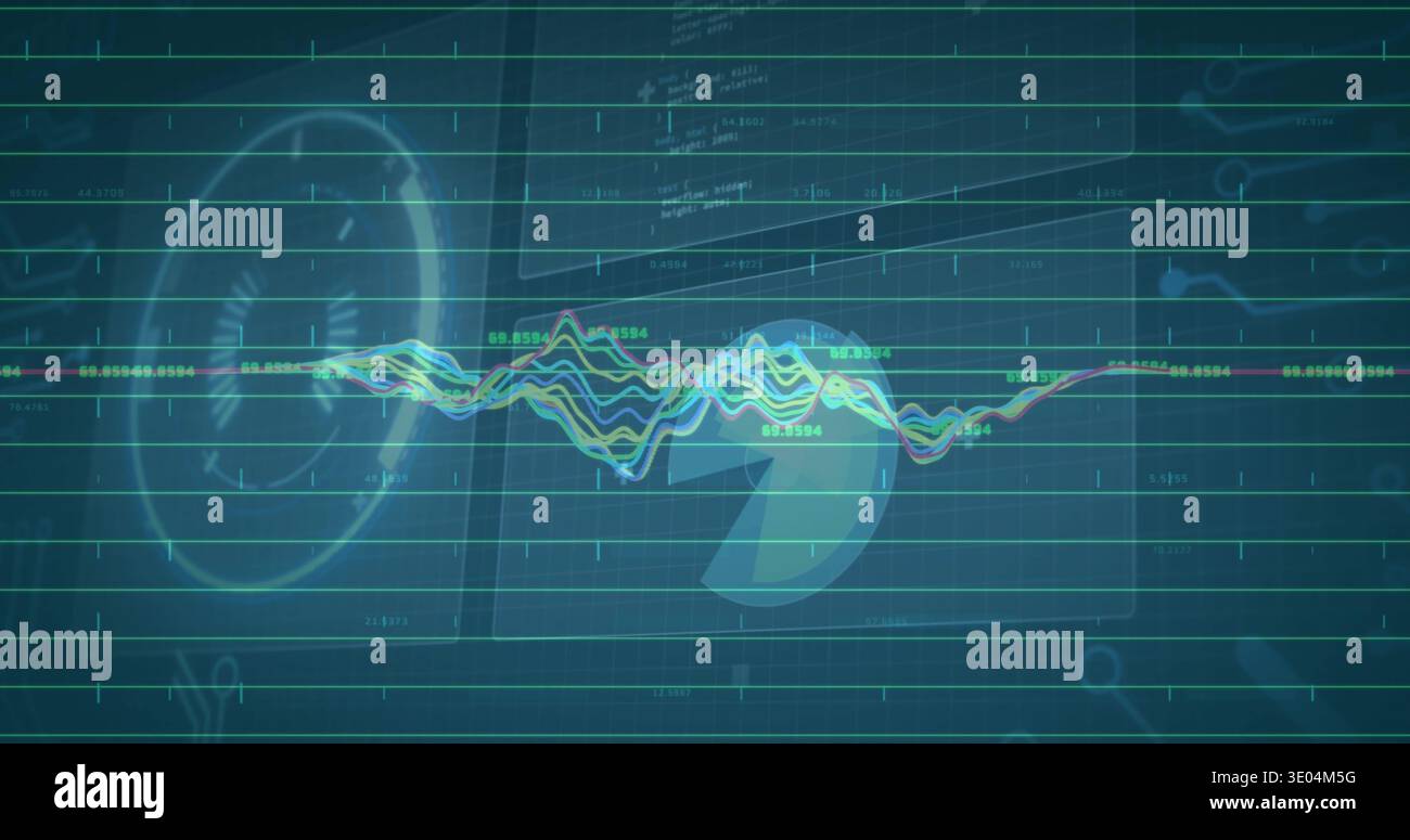 Displaying multicolor waveform crossing teal grid on HUD showing numeric labels and ring schematic Stock Photo