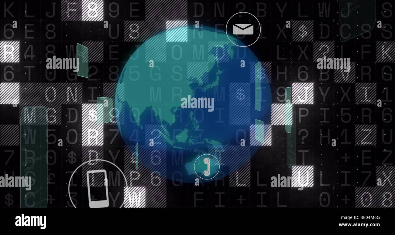 Rotating stylized globe hovering in virtual interface, showing mail phone gauge, alphanumeric grid Stock Photo