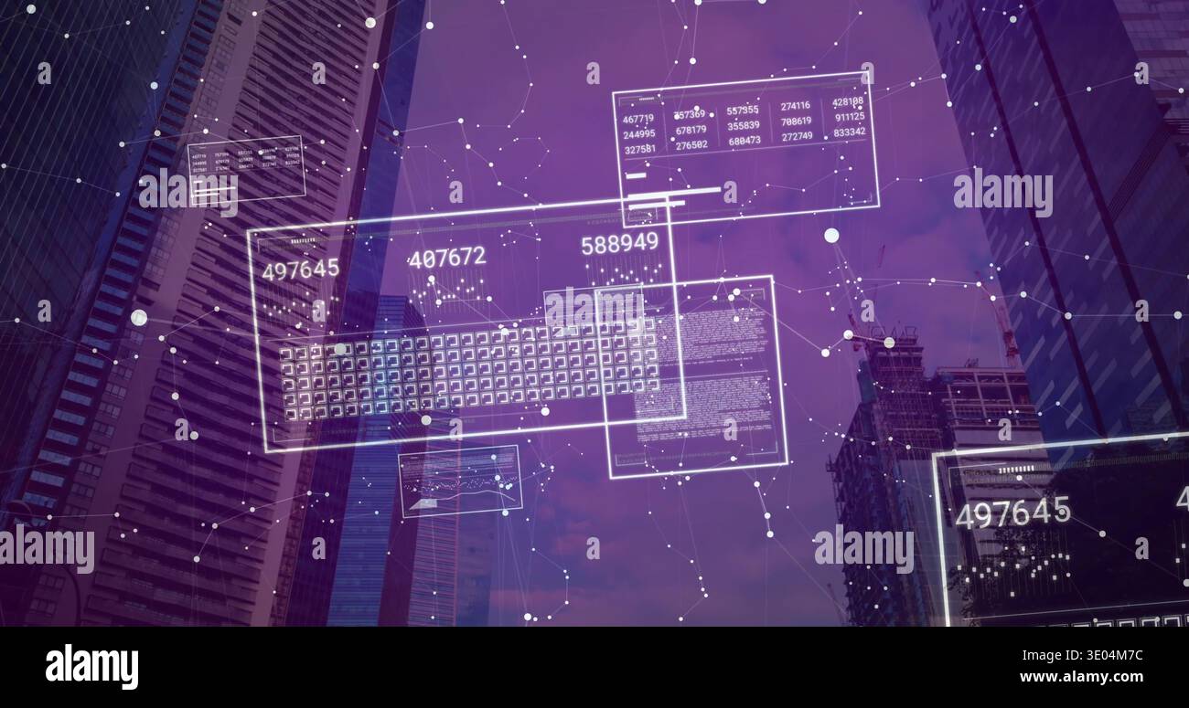 Vertical video: Streaming central overlay drifting over downtown skyline, showing HUD panels Stock Photo