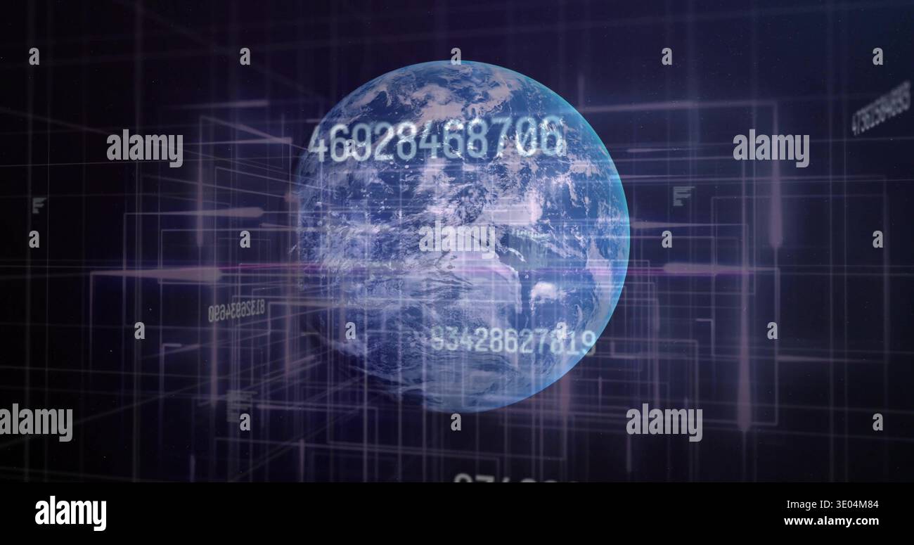 Displaying 3D Earth globe rotating in data space, with floating numeric strings, grid and UI frames Stock Photo