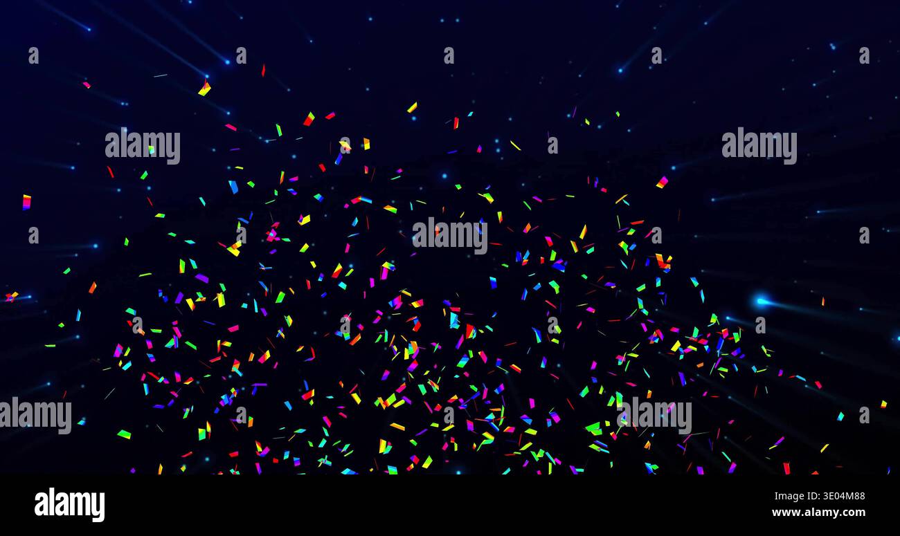 Swirling rectangular confetti forming dense cloud at navy backdrop, with glow and blue streaks Stock Photo