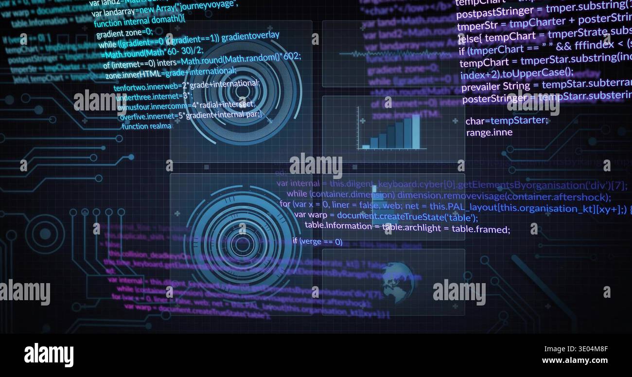 Displaying concentric HUD pulsing and tracking ticks on dashboard with code panels chart globe Stock Photo