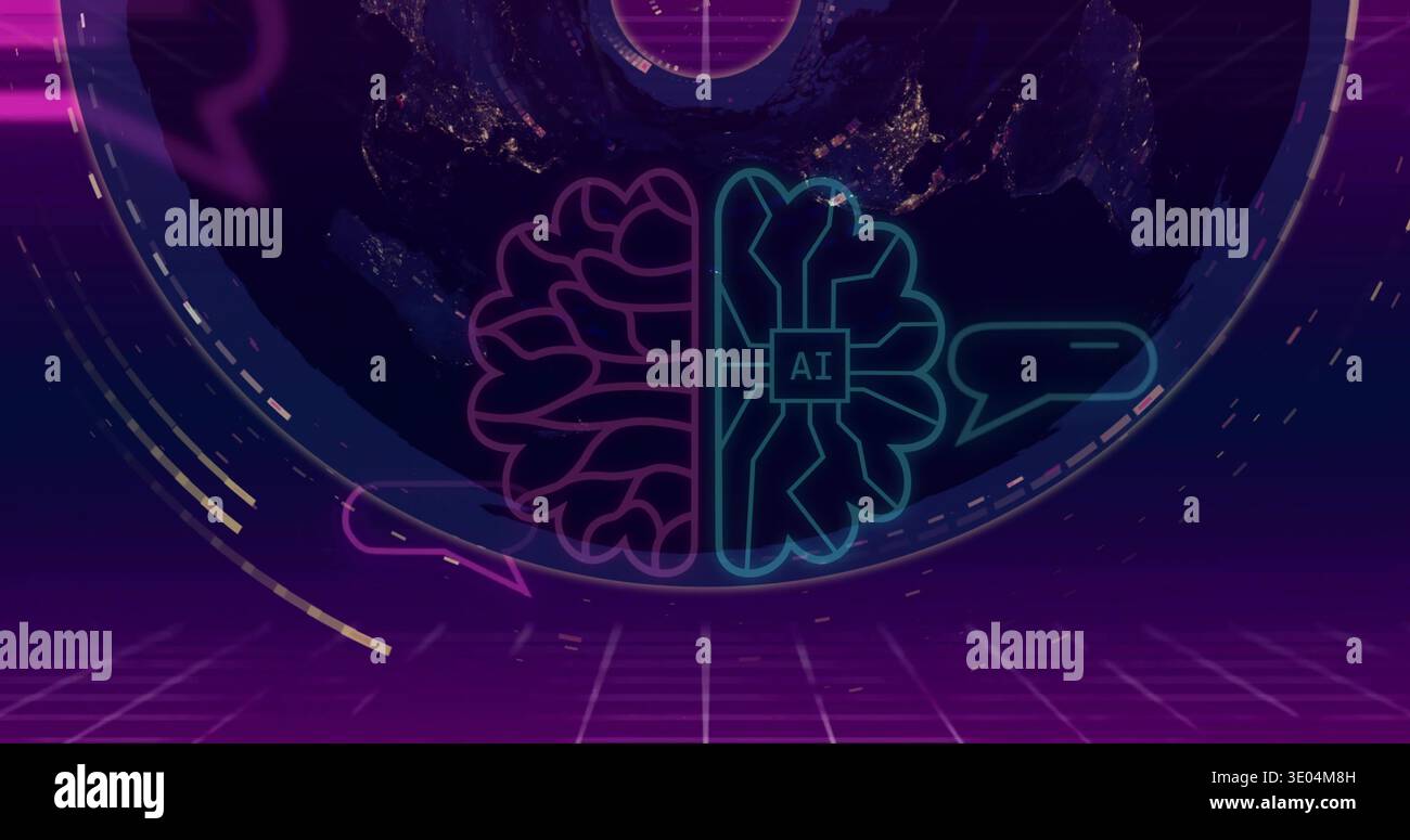 Displaying centered neon split-brain icon in virtual control space, featuring 'AI' chip, globe, HUD Stock Photo
