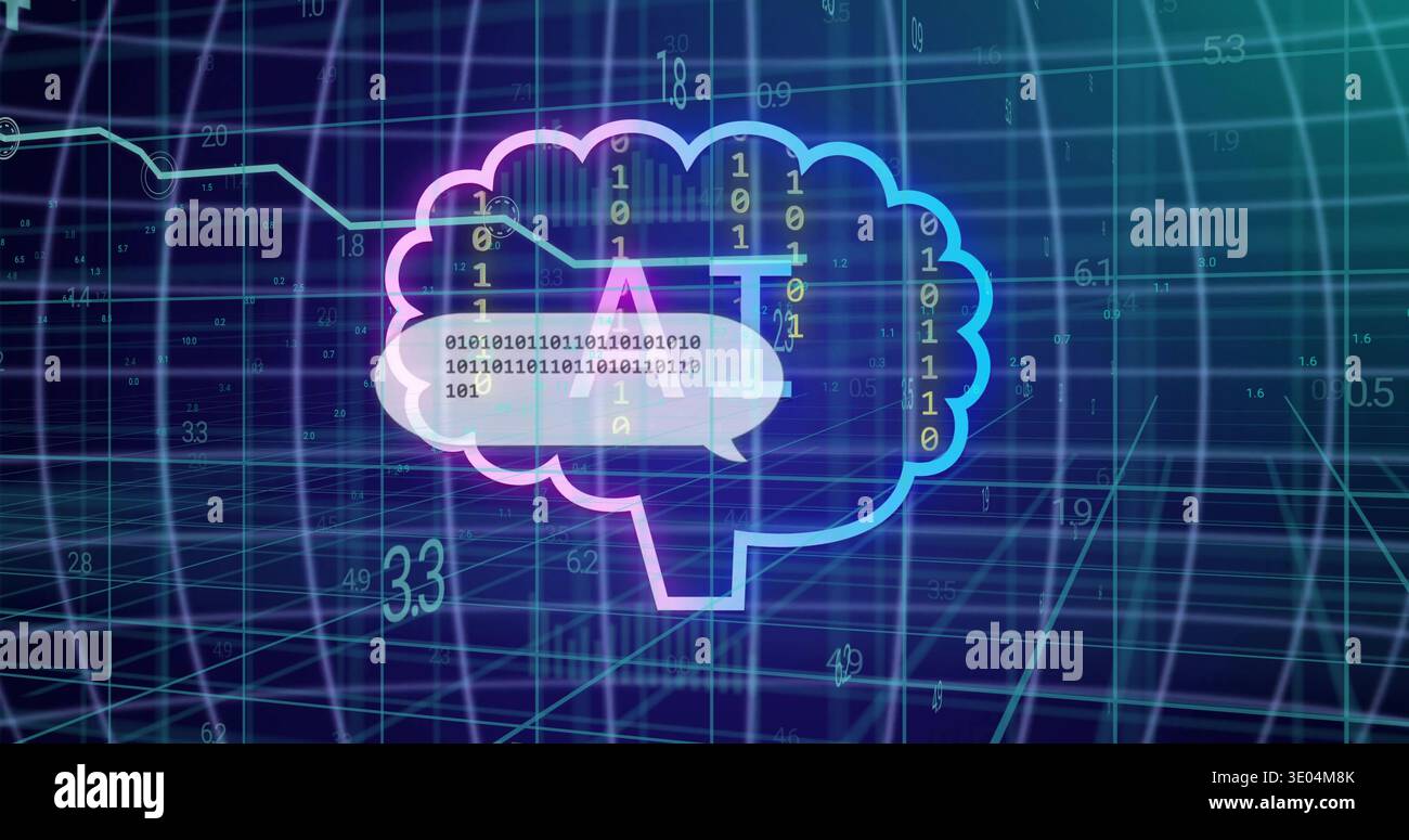Glowing neon brain AI icon floating over 3D grid streaming binary digits showing speech bubble Stock Photo