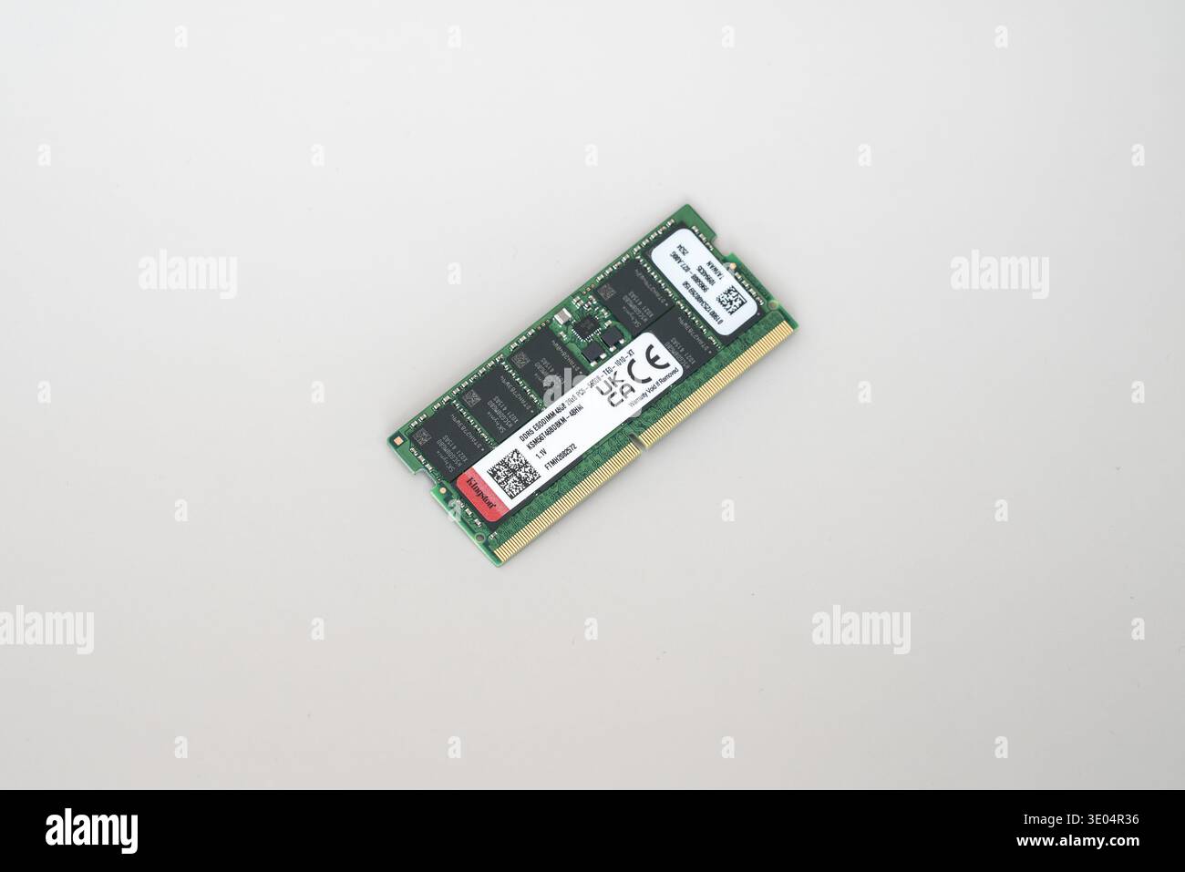 Close-up of a green DDR5 ECC RAM memory module with gold contacts and white label, isolated on white background. Stock Photo