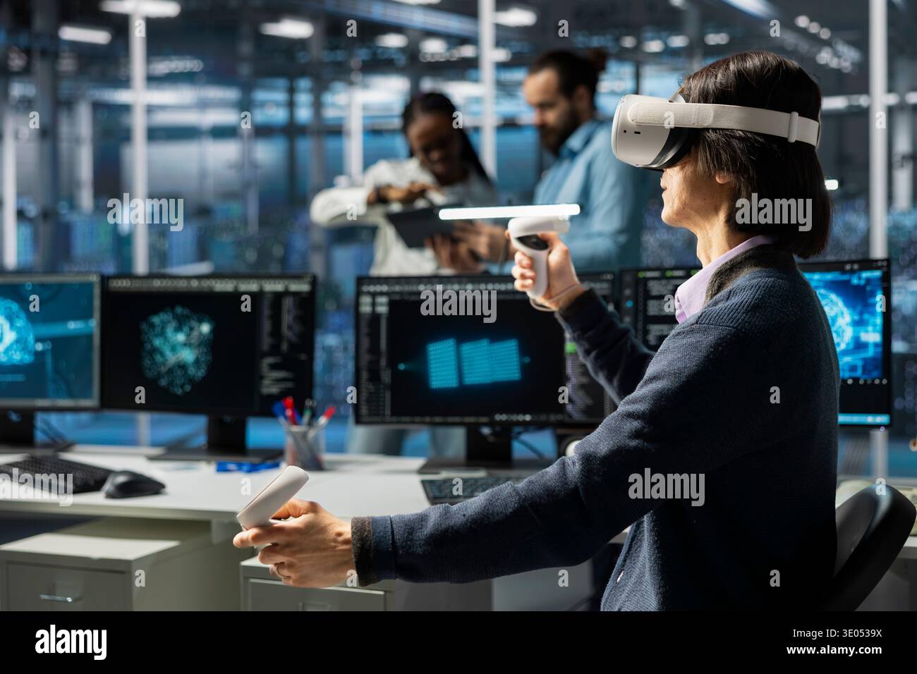 Data center developer using VR headset, adjusting AI model parameters to upgrade systems. IT professional in server room using virtual reality, scheduling deep learning checkup for hardware rigs Stock Photo