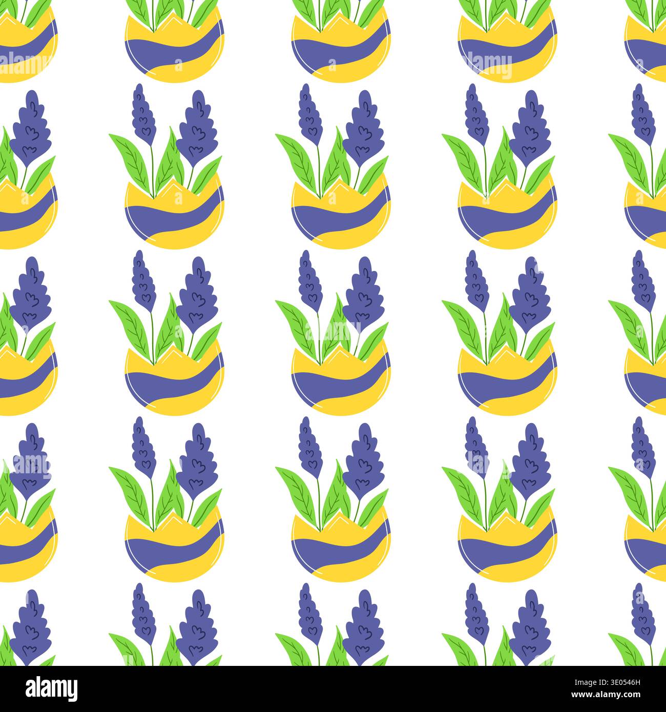 Seamless Easter pattern with decorated eggshells and flowers. Spring vector illustration perfect for wallpaper, decorations Stock Vector