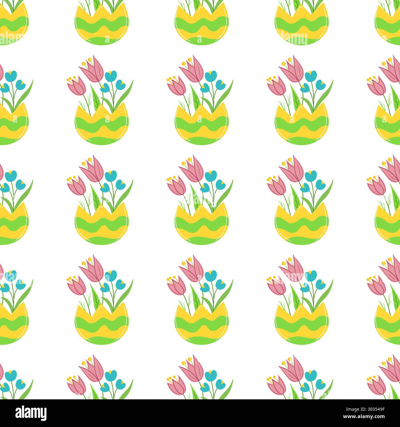 Seamless Easter pattern with decorated eggshells and flowers. Spring vector illustration perfect for wallpaper, festive decorations Stock Vector