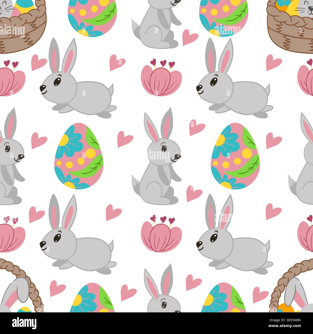 Seamless Easter pattern with decorated eggs, cute bunnies, baskets and flowers. Vector illustration perfect for wrapping paper, textile, wallpaper Stock Vector