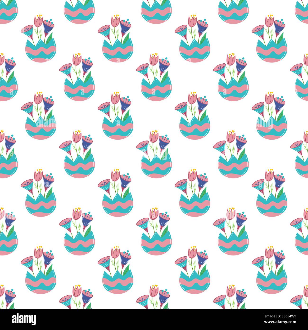 Seamless Easter pattern with decorated eggshells and flowers. Spring vector illustration for wallpaper Stock Vector
