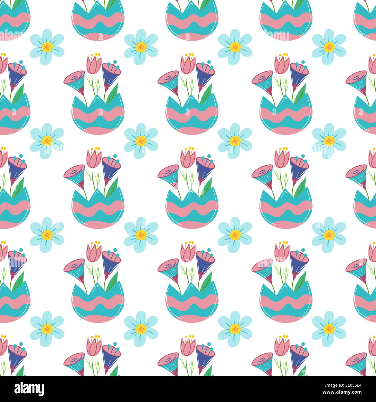 Seamless Easter pattern with decorated eggshells and flowers. Spring vector illustration perfect for wallpaper Stock Vector
